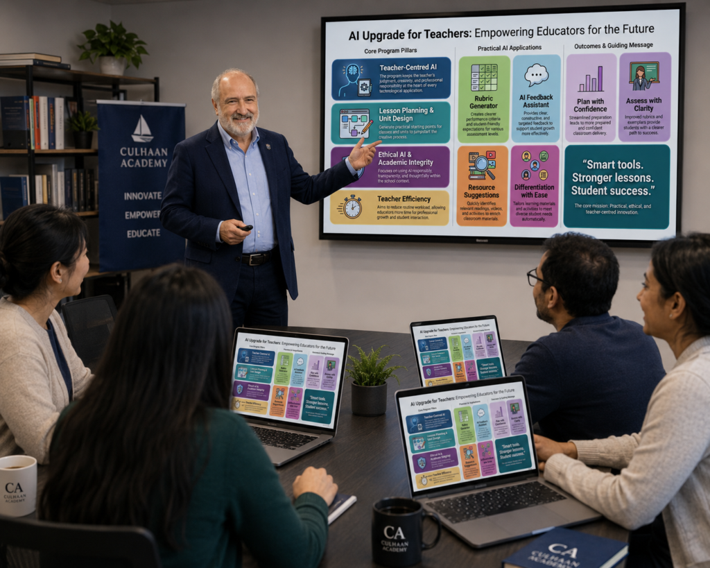 AI Upgrade for Teachers: small group, school based workshops, district level sessions, individual self-paced: flexible for your needs.